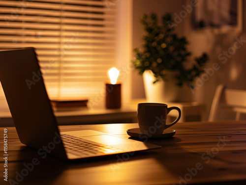 Cozy Workspace with Laptop and Coffee Mug