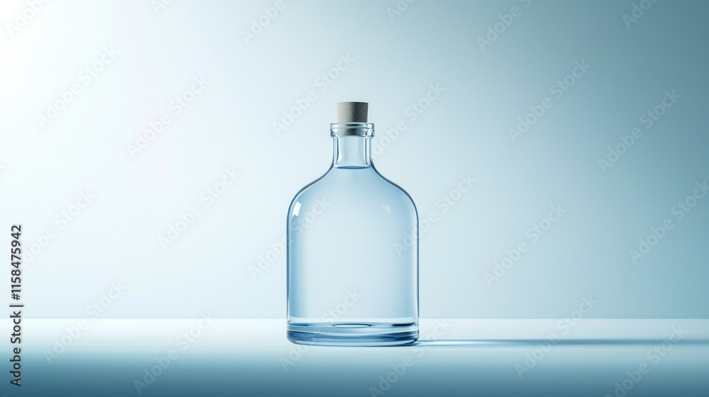 A clear glass bottle with a cork stopper, illuminated against a soft gradient background. A clear glass bottle with a cork stopper, illuminated against a soft gradient background.