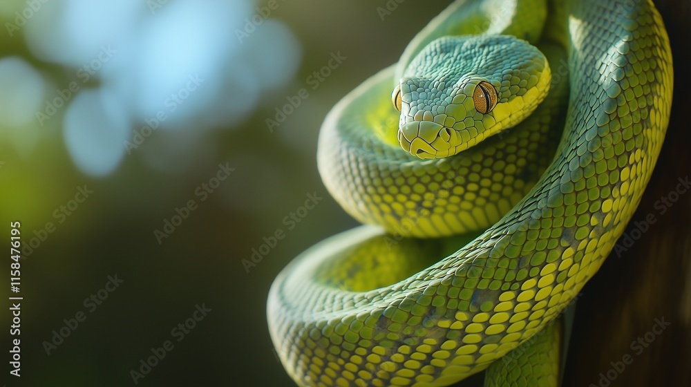 Obraz premium A green snake with striking scales coiled on a branch in a dense tropical forest.