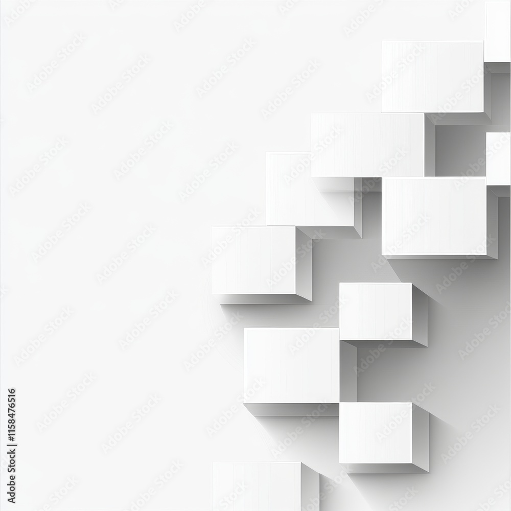 A minimalist design featuring white cubes casting soft shadows on a light grey background.