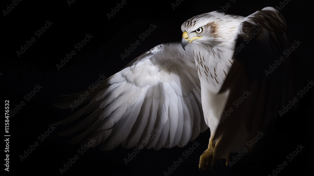 A white hawk in dramatic lighting with wings spread, captured against a dark, high-contrast background. A white hawk in dramatic lighting with wings spread, captured against a dark, high-contrast background.
