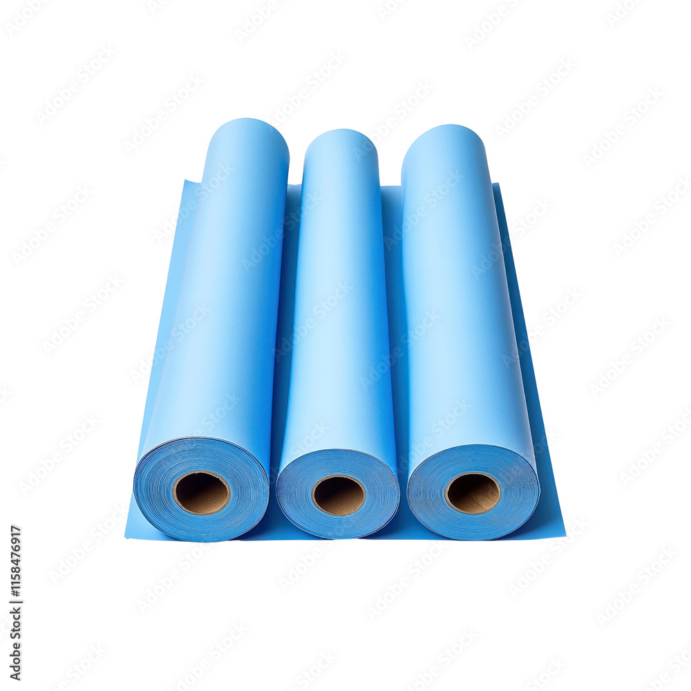 Three Rolls of Light Blue Paper or Fabric on a Flat Surface Three Rolls of Light Blue Paper or Fabric on a Flat Surface
