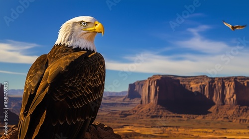 A majestic bald eagle perched against a backdrop of dramatic desert cliffs and a vibrant blue sky. photo