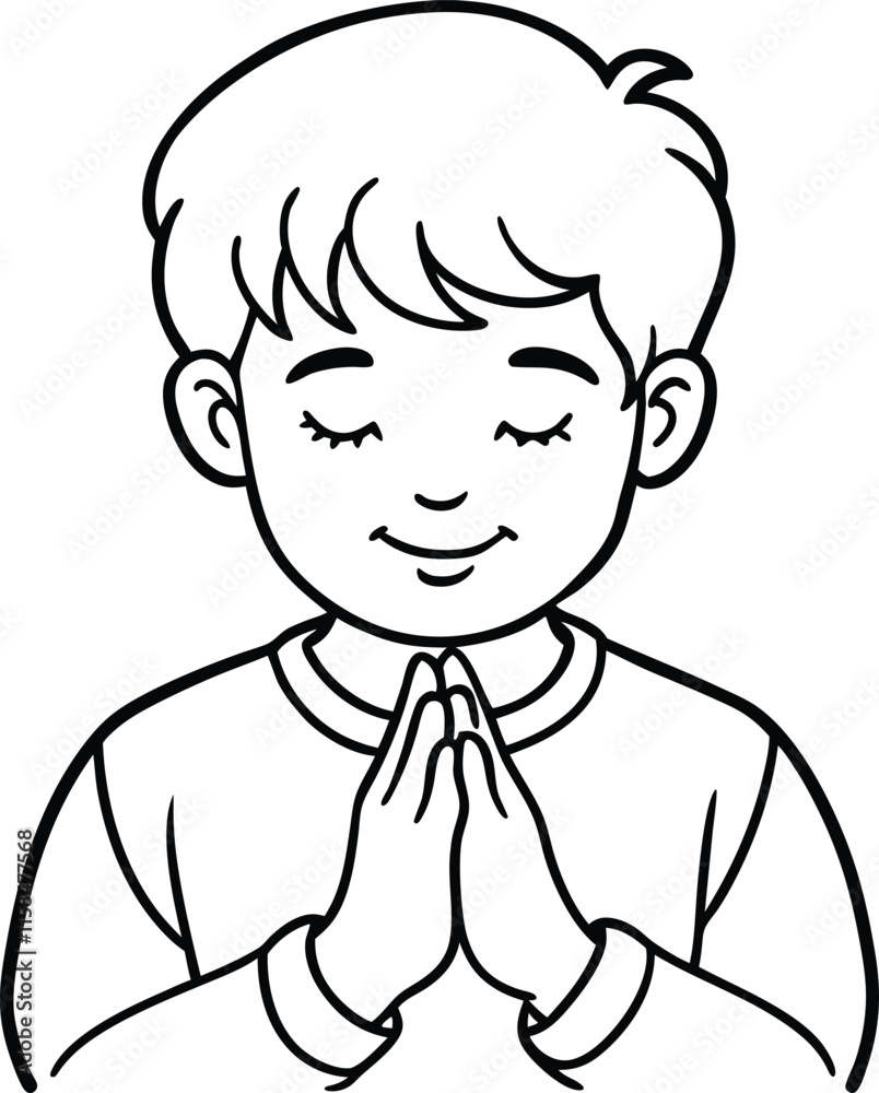 Boy's Praying Hands Vector Line Art on White Background, Spiritual Minimalist Artwork. Boy's Praying Hands Vector Line Art on White Background, Spiritual Minimalist Artwork.