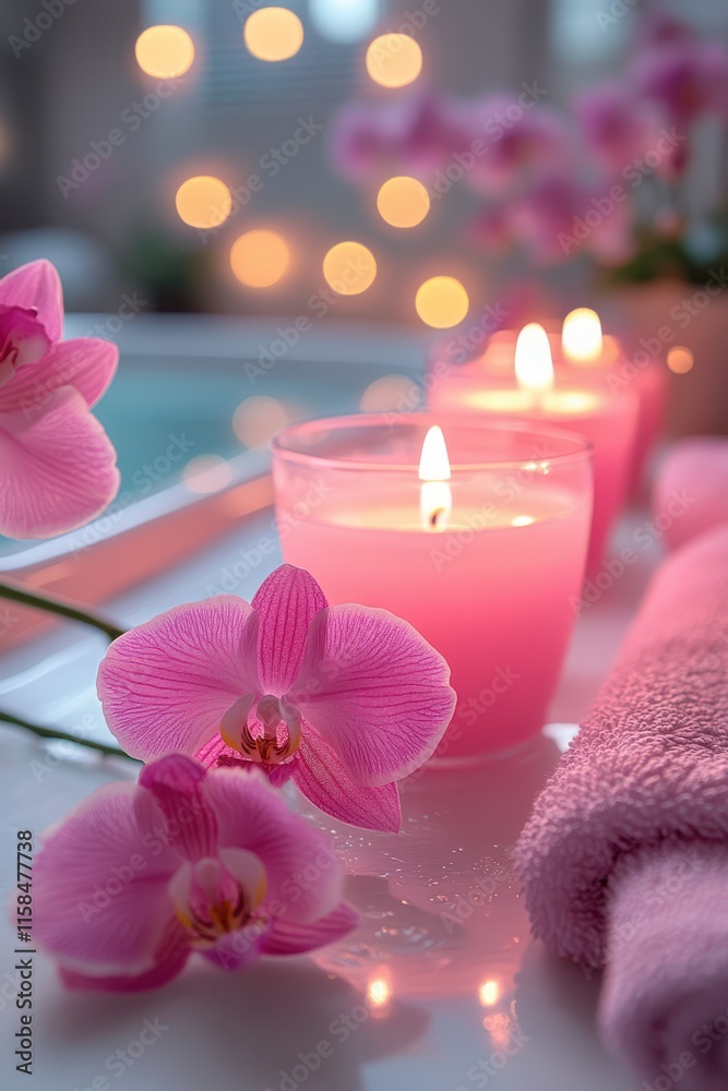 Peaceful Spa Environment with Orchid Flowers and Towels on a blurred background Peaceful Spa Environment with Orchid Flowers and Towels on a blurred background