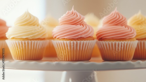 Delicious vanilla and strawberry frosted cupcakes on a stand, perfect for celebrations, parties, and special occasions.