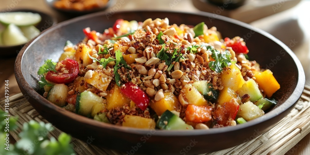 Tropical fruit rujak, a refreshing mix of various fruits, is topped with a spicy chili sauce, crunchy peanuts, and palm sugar, creating a deliciously sweet and spicy rujak experience. Tropical fruit rujak, a refreshing mix of various fruits, is topped with a spicy chili sauce, crunchy peanuts, and palm sugar, creating a deliciously sweet and spicy rujak experience.