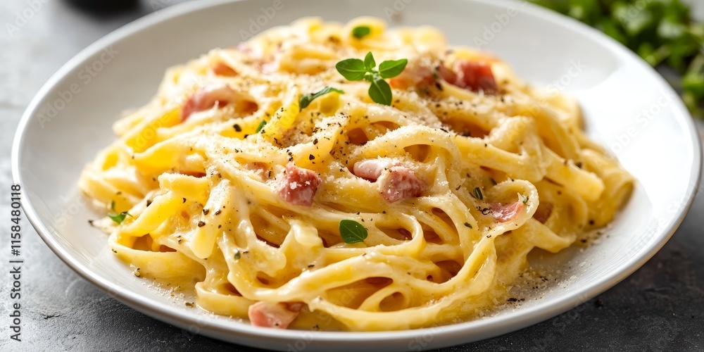 Delicious pasta carbonara elegantly presented in a deep white plate, garnished with fresh oregano, showcasing the rich flavors of classic pasta carbonara for a delightful meal experience. Delicious pasta carbonara elegantly presented in a deep white plate, garnished with fresh oregano, showcasing the rich flavors of classic pasta carbonara for a delightful meal experience.