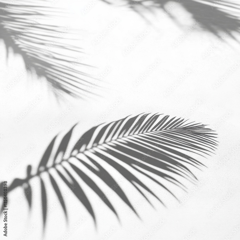 Fototapeta premium Elegant shadows of tropical palm leaves on a soft white surface, creating a serene and calming atmosphere.