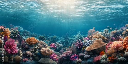 A shallow coral reef thrives in a picturesque area, showcasing the beauty of coral reefs rich in marine biodiversity. The vibrant coral reef exemplifies the ecological wonders of our oceans.