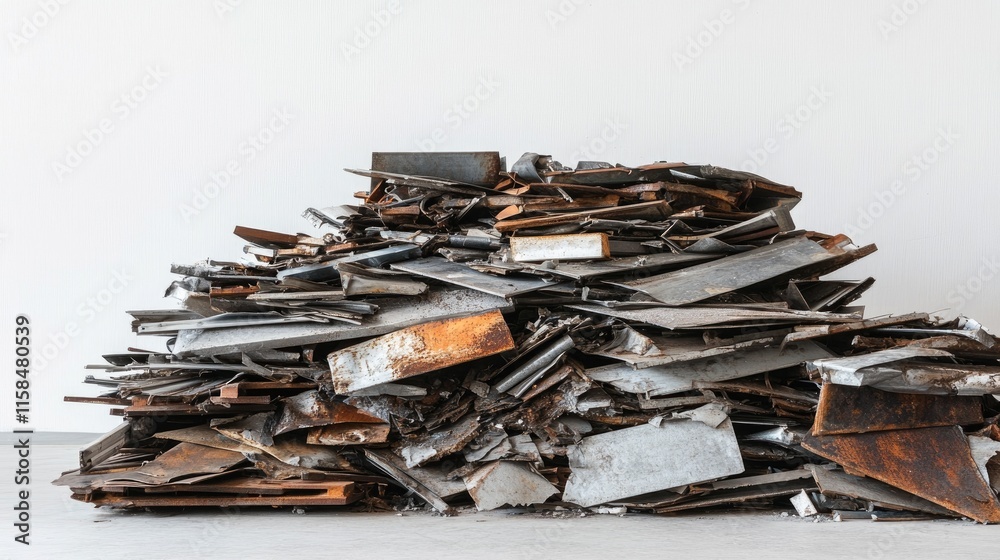 Industrial scrap metal piles with sharp, uneven edges, stacked on a plain white surface, emphasizing the raw and rugged nature of metal recycling Industrial scrap metal piles with sharp, uneven edges, stacked on a plain white surface, emphasizing the raw and rugged nature of metal recycling
