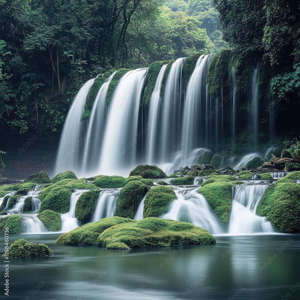 Fototapeta premium Serene waterfall cascading over lush green moss-covered rocks in a tranquil forest setting.
