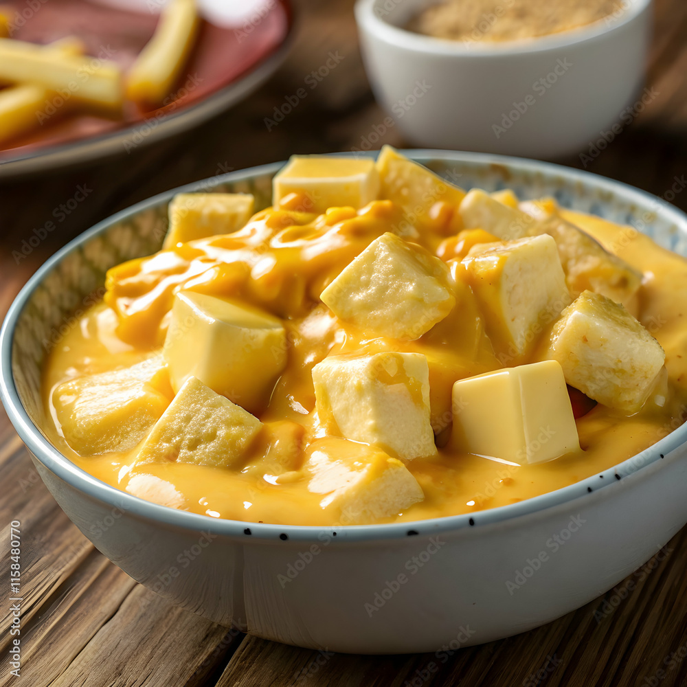 bowl of tasty cheddar sauce with cheese cubes bowl of tasty cheddar sauce with cheese cubes