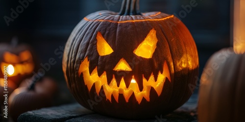 Terrifying expression carved into a jack o lantern, showcasing a scary face that embodies the essence of Halloween fun with its eerie and spooky design, perfect for festive celebrations. photo