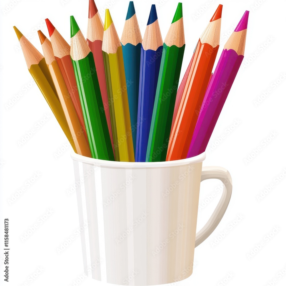 A vibrant collection of colored pencils arranged in a white cup, showcasing a spectrum of colors. A vibrant collection of colored pencils arranged in a white cup, showcasing a spectrum of colors.