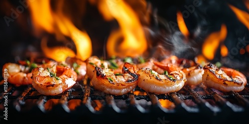 Delicious shrimp grill cooking with vibrant flames in the background, creating an enticing atmosphere for a shrimp grill experience that s sure to satisfy seafood lovers. photo