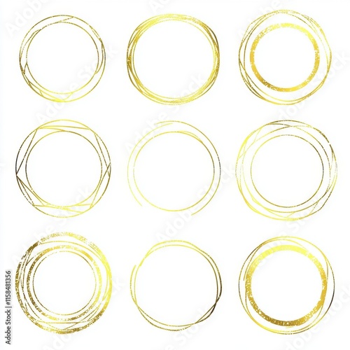 Elegant collection of nine gold circular designs on a white background, perfect for modern decor or graphic projects.