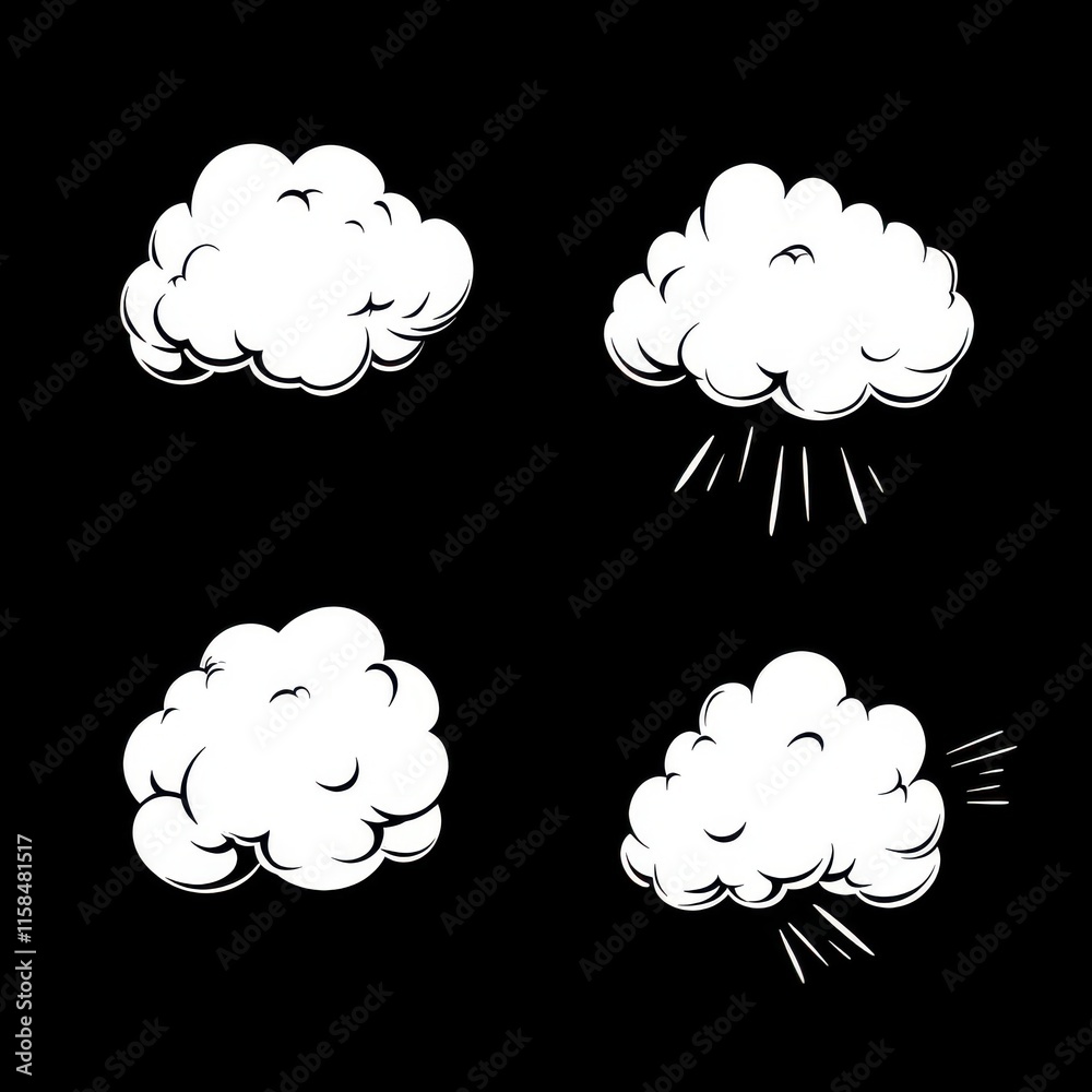 Four hand-drawn cloud illustrations on a black background. Four hand-drawn cloud illustrations on a black background.