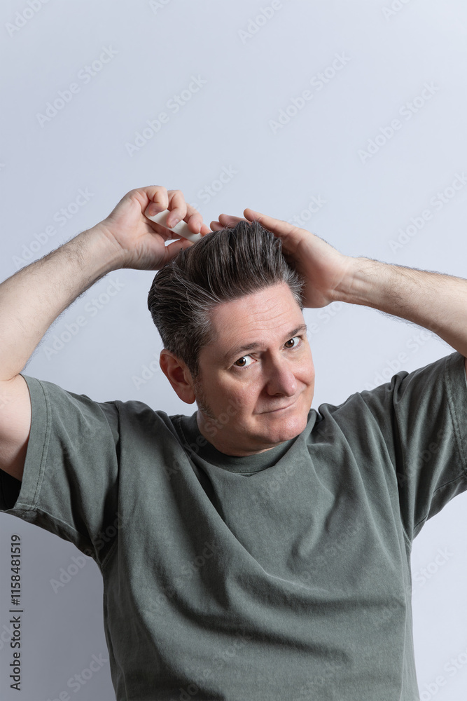 Mature man looking at camera and combing his stylish hair with toupee. Isolated on gray background. Copy space. Hair styling and hair care concept