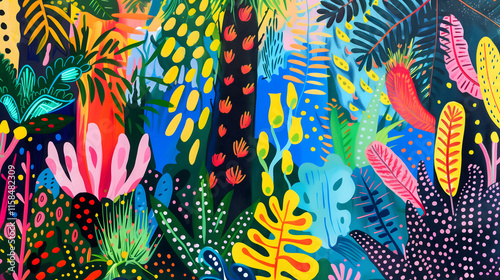 Neon jungle rainforest abstract maximalist wall art poster with vibrant vivid bright colors and diverse plants