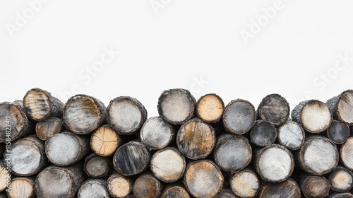 Rustic firewood logs, stacked in a natural, textured arrangement, isolated on a pure white background, emphasizing their earthy tones and shapes photo