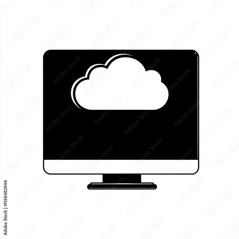 Stylized black and white illustration of a computer monitor displaying a cloud symbol. Stylized black and white illustration of a computer monitor displaying a cloud symbol.