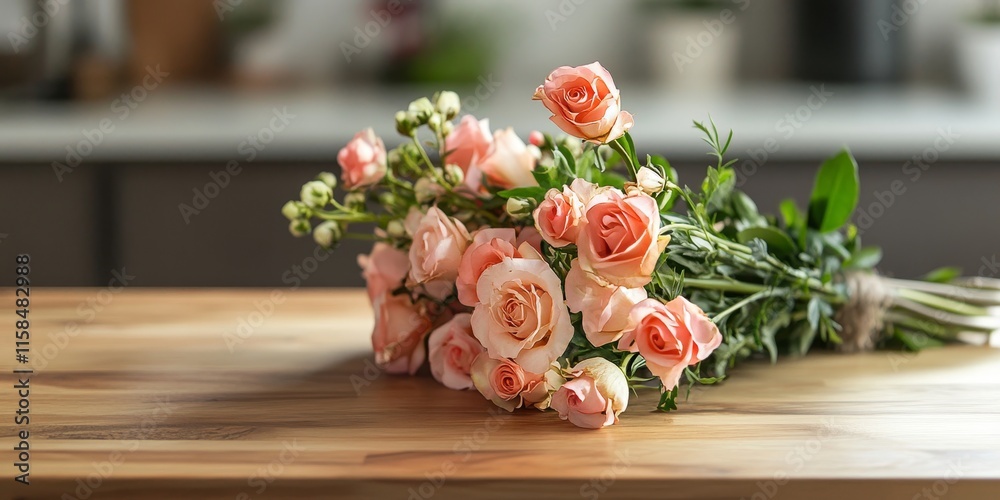 A beautiful bunch of flowers enhances the classic and minimal table decor, creating an inviting atmosphere on the wooden table. This bunch of flowers adds a touch of elegance and charm. A beautiful bunch of flowers enhances the classic and minimal table decor, creating an inviting atmosphere on the wooden table. This bunch of flowers adds a touch of elegance and charm.