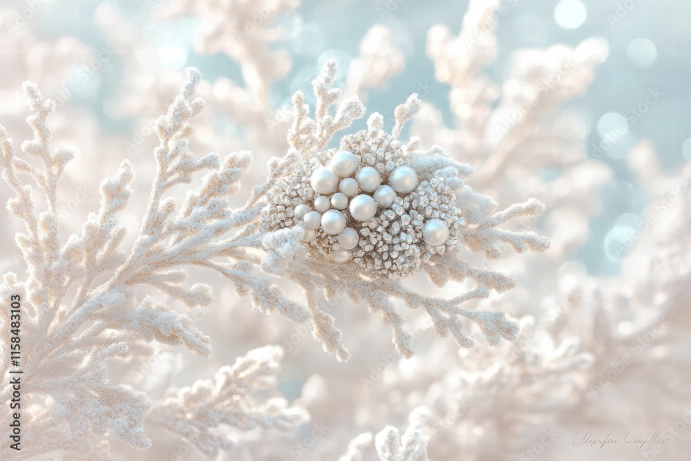 Obraz premium Frosty Winter Branch with Pearl Ornament