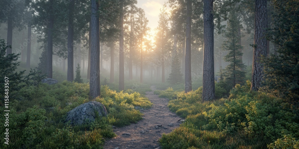 Misty Pine Forest Trails at dawn establish a peaceful environment, filling the area with tranquility as the sun rises over the trees, enhancing the serene ambiance. Misty Pine Forest Trails at dawn establish a peaceful environment, filling the area with tranquility as the sun rises over the trees, enhancing the serene ambiance.