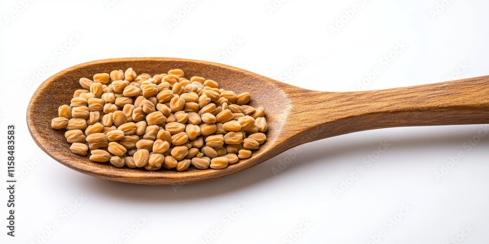 Fenugreek seeds displayed in a wooden spoon against a white background highlight the unique qualities of fenugreek seeds, making them a fascinating subject for culinary and natural health imagery.