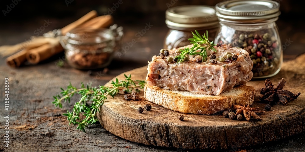 Lard pate served on toast with a jar on a stand, garnished with spices, creates a rustic style display against an old wooden background, offering ample copy space for your use. Lard pate served on toast with a jar on a stand, garnished with spices, creates a rustic style display against an old wooden background, offering ample copy space for your use.
