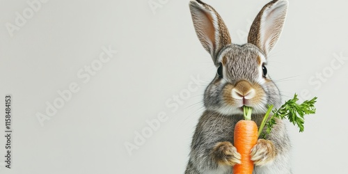 Portrait of an adorable rabbit holding a carrot, showcasing the charm of this adorable rabbit. This delightful portrait captures the essence of an adorable rabbit against a white background. photo