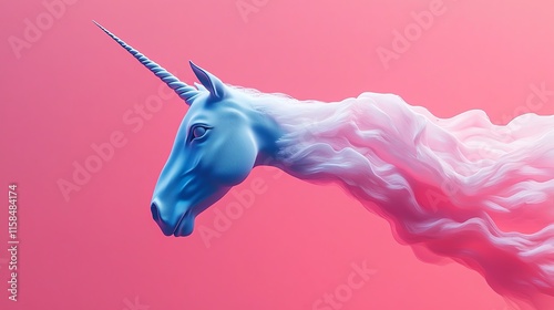 A whimsical blue unicorn's head emerges from pink clouds, creating a dreamy and surreal atmosphere.