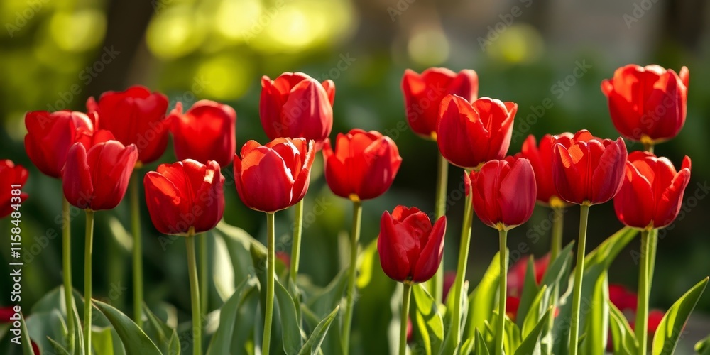 Obraz premium Vibrant red tulips flourish in a garden, showcasing their beauty on a sunny spring day. These vivid red tulips create a stunning outdoor floral backdrop, captured in soft focus for added charm.