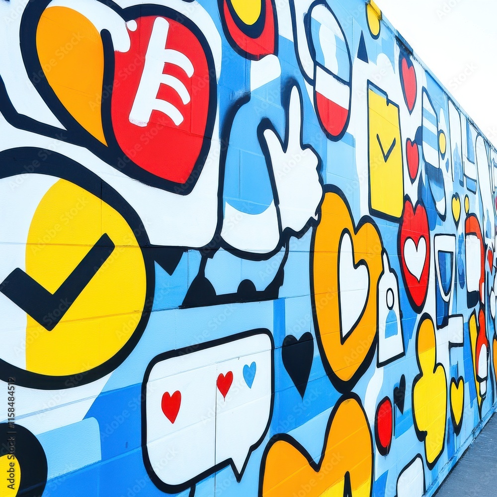 Obraz premium Vibrant mural featuring colorful social media icons in a playful design.