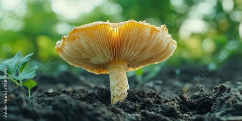 A fresh mushroom emerges from the soil, showcasing the beauty of nature. This fresh mushroom highlights the intricate details of growth, capturing the essence of a fresh mushroom in its natural photo