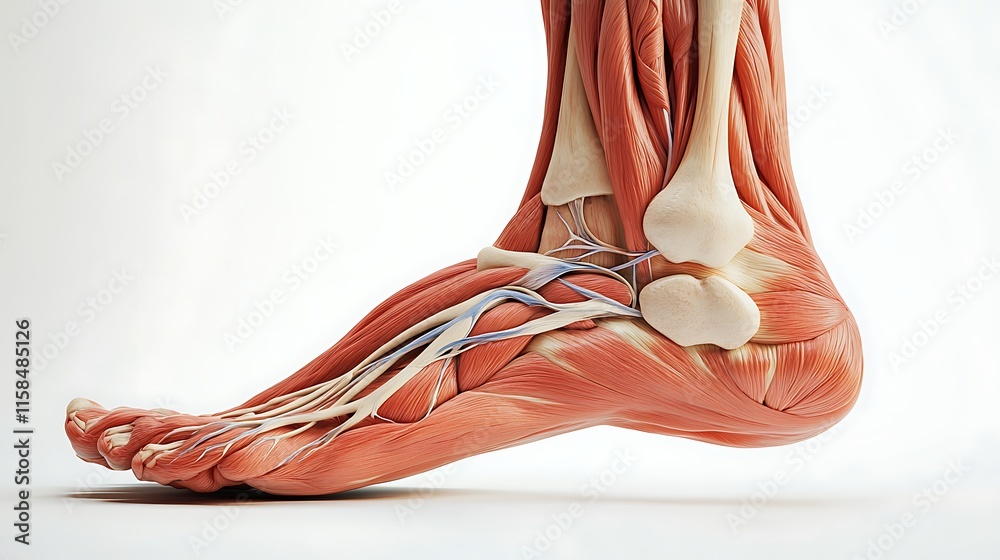 Fototapeta premium 3D anatomical view of the human foot with muscles bones and joints visible