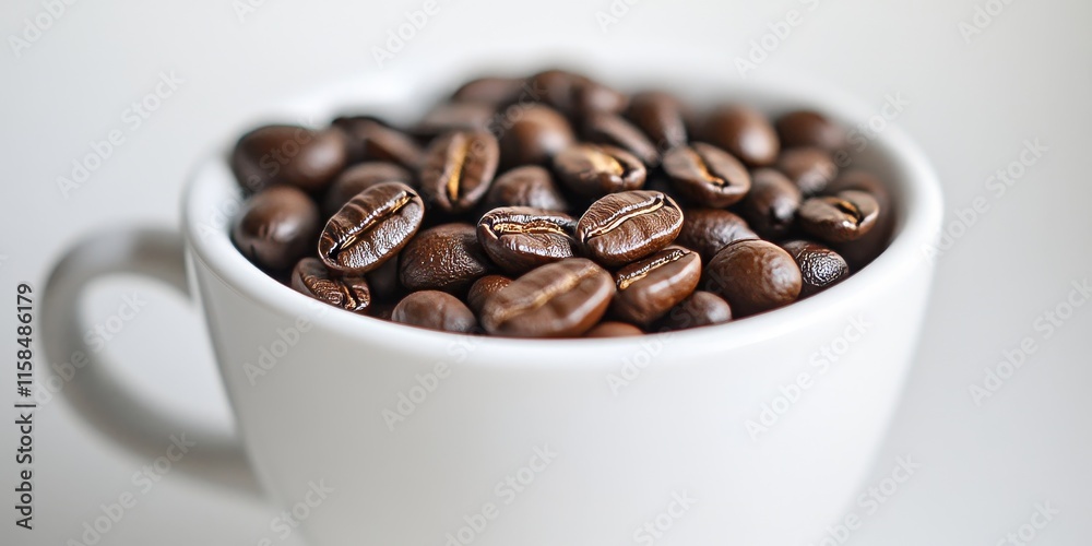 Fresh roasted coffee beans displayed in a white coffee cup, showcasing the rich aroma and texture of fresh roasted coffee beans against a clean white background. Ideal for coffee enthusiasts. Fresh roasted coffee beans displayed in a white coffee cup, showcasing the rich aroma and texture of fresh roasted coffee beans against a clean white background. Ideal for coffee enthusiasts.