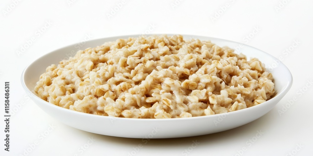 A plate of oatmeal featuring raw grain displayed against a clean white background, highlighting the wholesome nature of oatmeal and its nourishing benefits. Perfect for promoting oatmeal dishes. A plate of oatmeal featuring raw grain displayed against a clean white background, highlighting the wholesome nature of oatmeal and its nourishing benefits. Perfect for promoting oatmeal dishes.