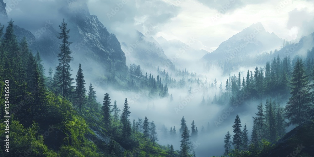 Mysterious foggy forest enveloped in mist, showcasing the enchanting beauty of a foggy forest habitat in a serene mountain setting with tall trees and lush greenery. Mysterious foggy forest enveloped in mist, showcasing the enchanting beauty of a foggy forest habitat in a serene mountain setting with tall trees and lush greenery.