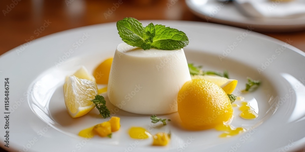 Fototapeta premium Delightful vanilla panna cotta served alongside zesty lemon sorbet and fresh mint, creating a perfect balance of flavors for a refreshing dessert experience featuring panna cotta.