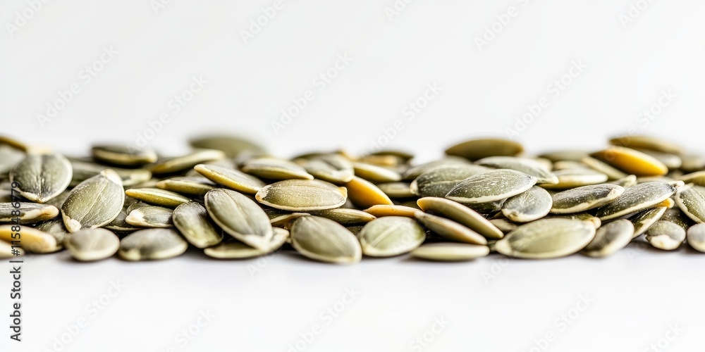 Pumpkin seeds displayed on a clean white background, highlighting the texture and color of the pumpkin seeds, perfect for illustrating healthy snacks or culinary uses of pumpkin seeds. Pumpkin seeds displayed on a clean white background, highlighting the texture and color of the pumpkin seeds, perfect for illustrating healthy snacks or culinary uses of pumpkin seeds.