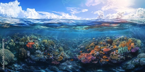 A shallow coral reef thrives in a picturesque area, showcasing the beauty of coral reefs rich in marine biodiversity. The vibrant coral reef exemplifies the ecological wonders of our oceans.
