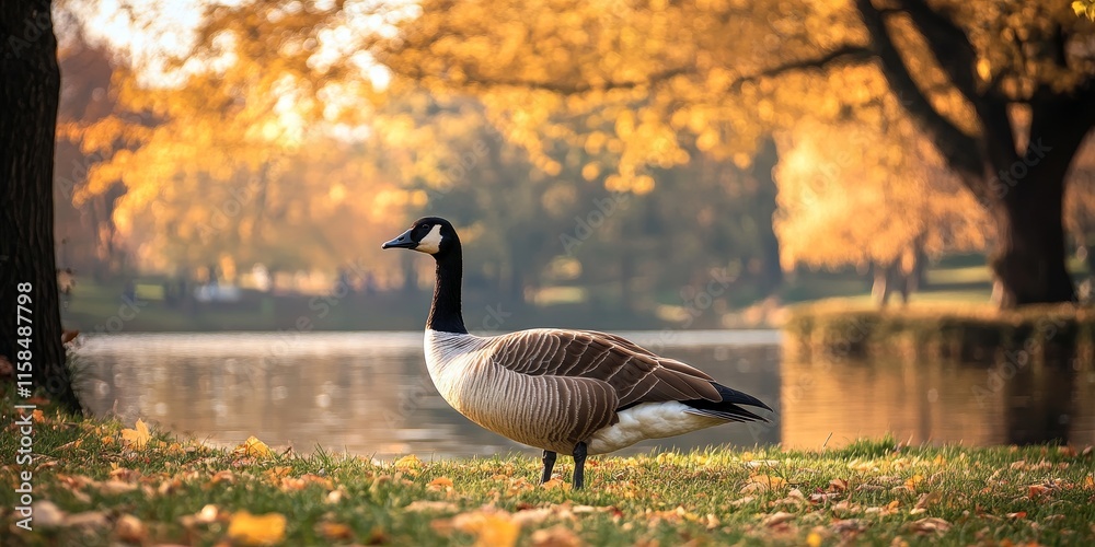 Fototapeta premium Autumnal Park features a goose, captured beautifully in a nature photograph, highlighting the essence of nature during the fall season with its vibrant scenery.