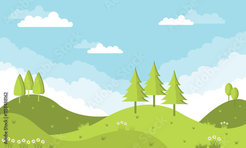 Nature landscape with green hills, trees and clouds. Vector illustration.