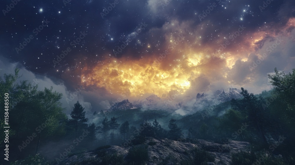 Naklejka premium Mystical Night Landscape: Starry Sky over Misty Mountains and Forest