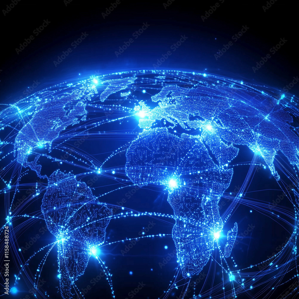 Fototapeta premium globe interconnected with glowing networks,circuit boards,global technology and digital networks,earth,tellurion,neon highlights,futuristic and sleek design
