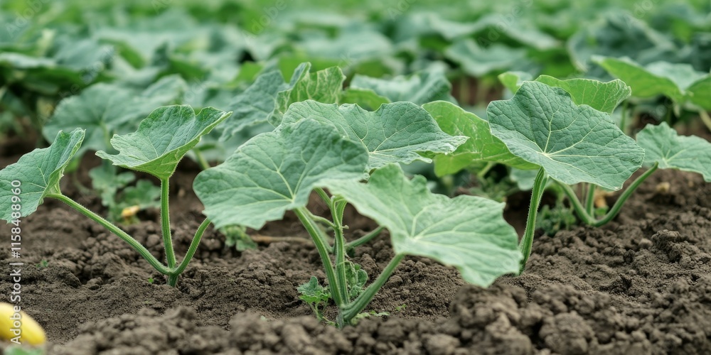First leaves of pumpkin plants emerging in the field, showcasing the vibrant growth and potential of pumpkin cultivation in agricultural landscapes. These early pumpkin leaves indicate healthy First leaves of pumpkin plants emerging in the field, showcasing the vibrant growth and potential of pumpkin cultivation in agricultural landscapes. These early pumpkin leaves indicate healthy