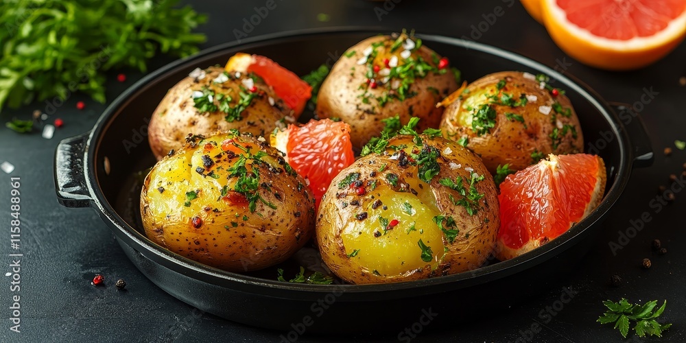Baked potatoes complemented by grapefruit arranged in a pan on a sleek black table, showcasing the delightful combination of baked potatoes and refreshing grapefruit. Baked potatoes complemented by grapefruit arranged in a pan on a sleek black table, showcasing the delightful combination of baked potatoes and refreshing grapefruit.