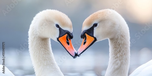 Close up portrait of two young mute swans, Cygnus olor, gracefully showcasing their beauty while surrounded by water, highlighting the serene presence of these elegant mute swans in nature. photo